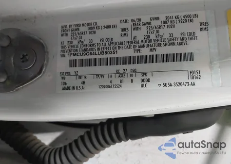 2020 Ford Escape Se z USA, uszkodzony, nr VIN 1FMCU9G64LUB80351